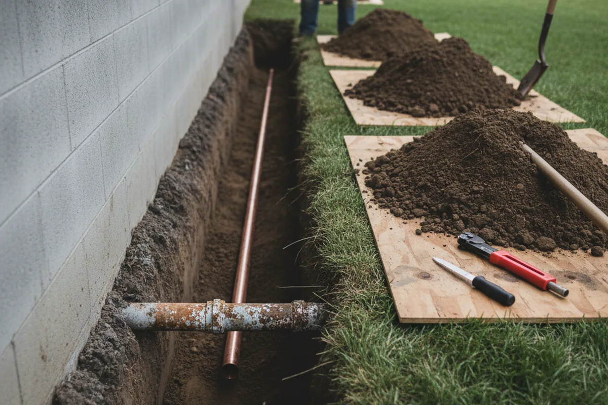 Excavated water line trench during Sewer Line Repair in Springs